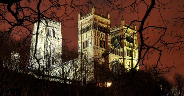 View of Durham Cathedral at night through tree branches.